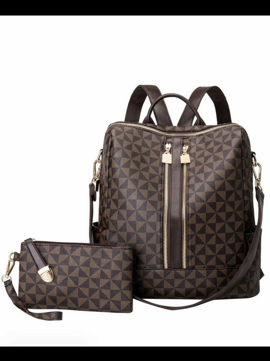 CC Boutique Handbags - Brown Geometric Backpack with Wristlet